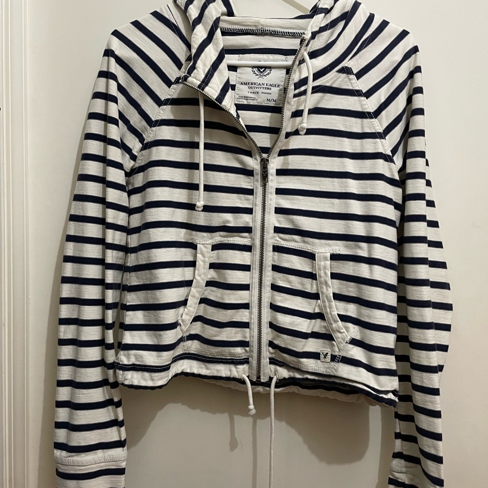 American Eagle Outfitters Navy and White Striped Hoodie